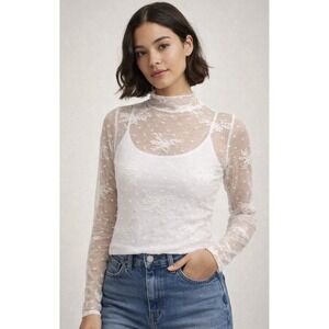 Aerie Sheer Lace Mock Neck Top Women's Size S White Floral Mesh Long Sleeve